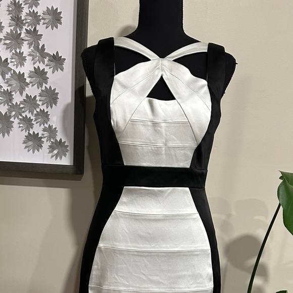 *JAX* Black x White Contrast Panel Bodycon Cocktail Mini Dress Size 6 - Picture 3 of 11